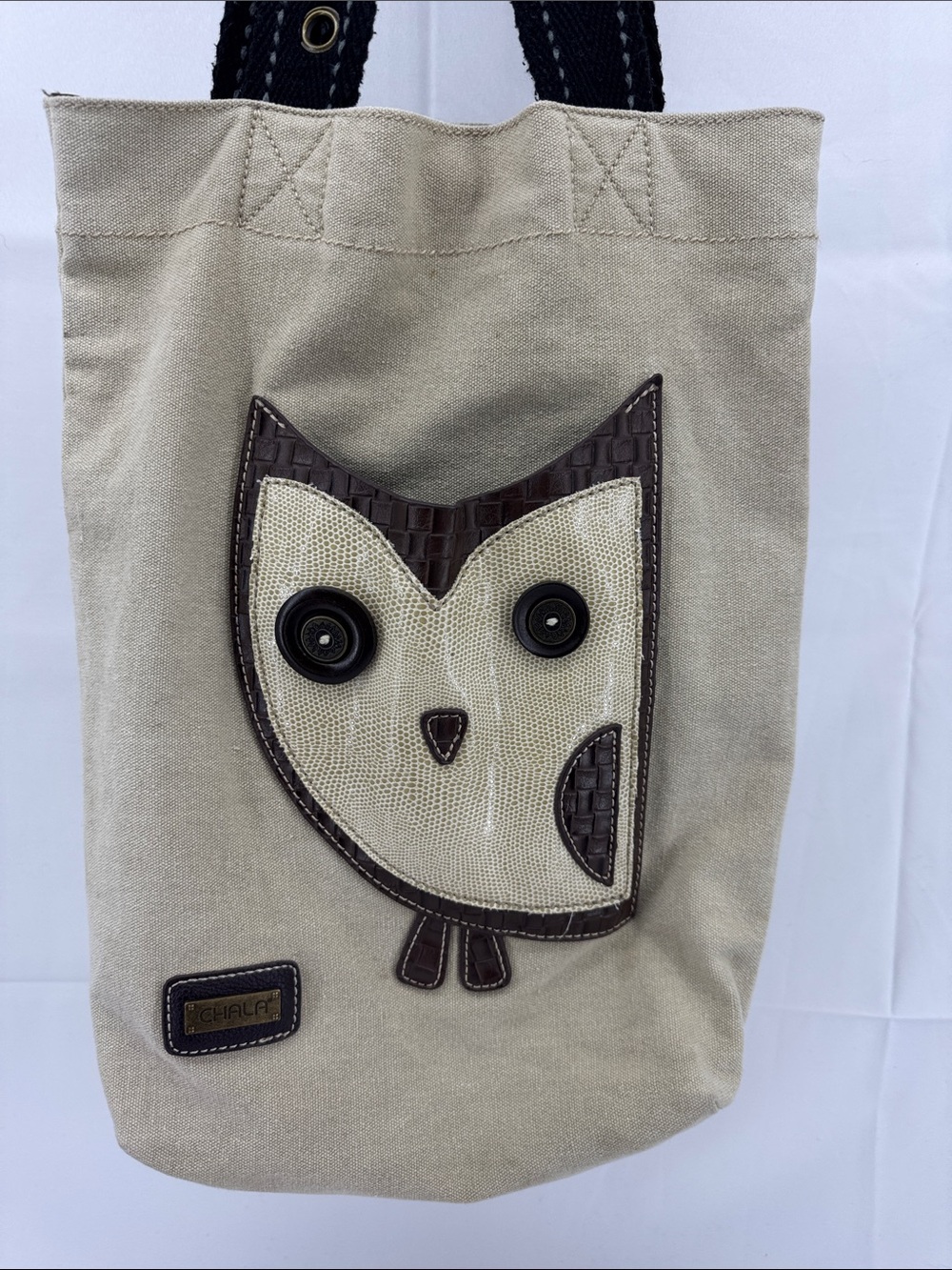 Chala HooHoo Owl Canvas Khaki Medium Tote Bag